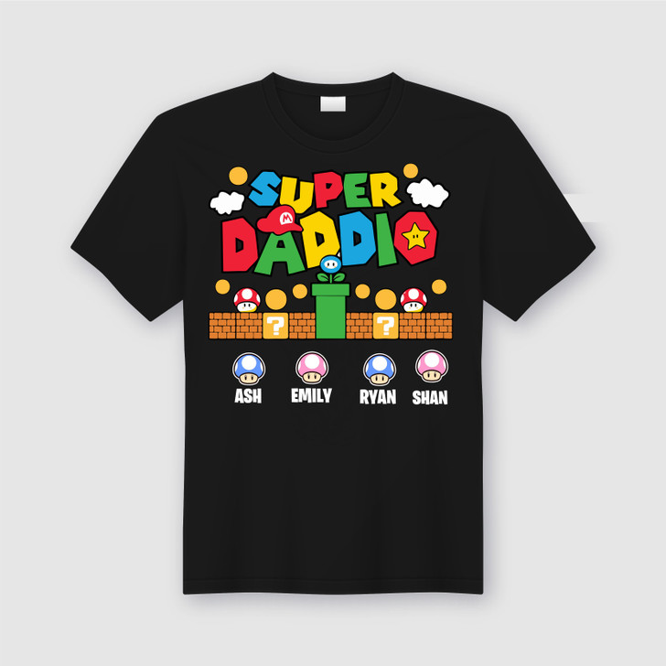 Super Daddio mario personalised TShirt, Dad Shirt, Fathers Day, Custom Shirt With personalised mushrooms
