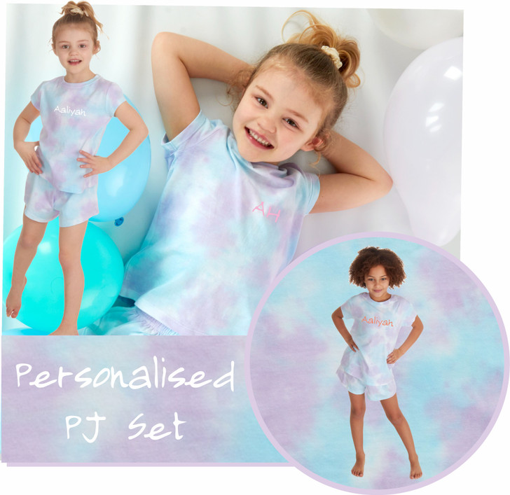 LIMITED STOCK Personalised Girls Pyjama Set 100% Cotton PJ's Short Sleeved Pjs Tie Dye Summer Nightwear Embroidered Name age 2-6yrs
