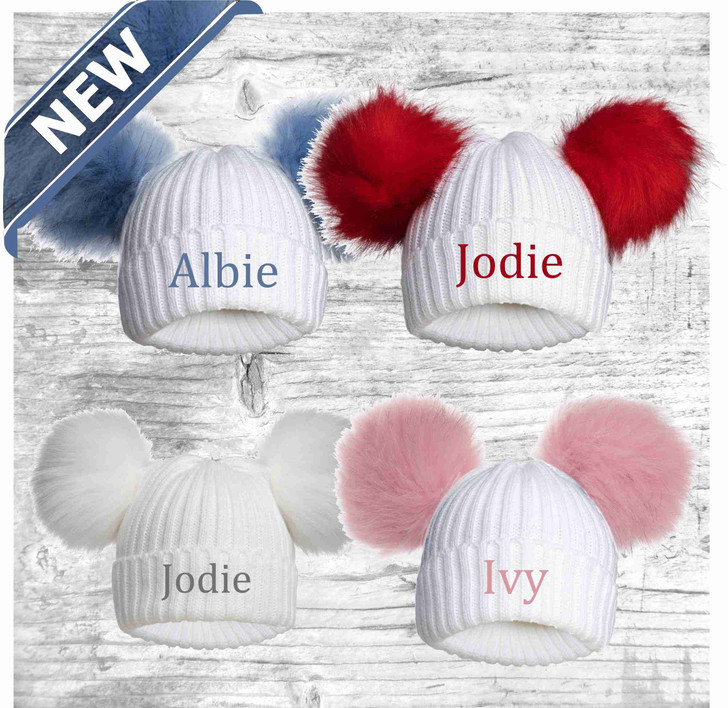 PERSONALISED BABY DOUBLE POM POM  HATS AGE0.12m 4 COLOURS