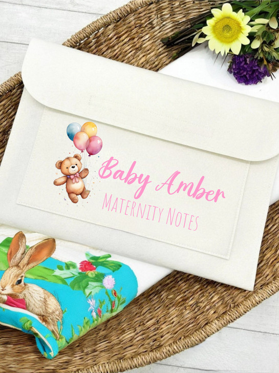 Personalised Balloon Teddy bear  Pregnancy/Maternity Notes folder | New Baby | Rainbow baby | IVF Journey | Document Folder|