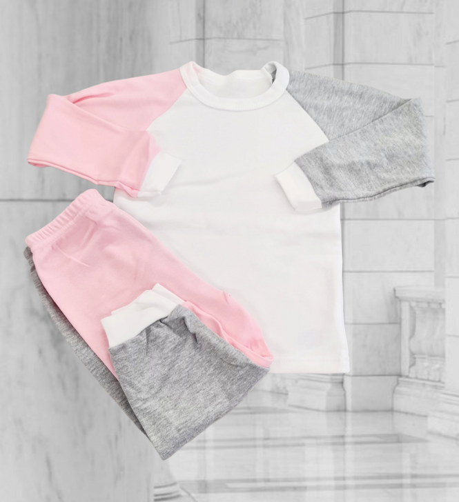 Light Grey  and pink Long Raglan Sleeve Pyjama Set  **UK MADE**