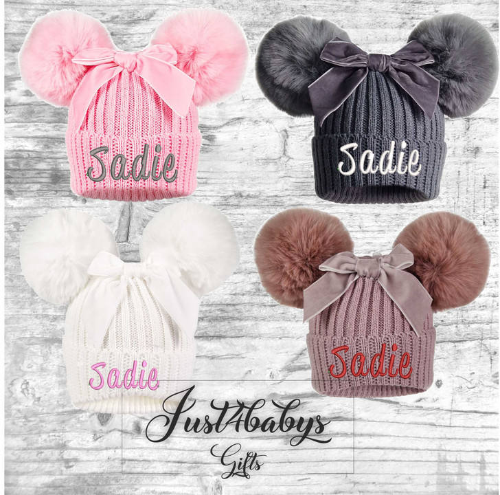 PERSONALISED  BABY DOUBLE POM POM giant bow  HATS AGE 0.12m 4 COLOURS