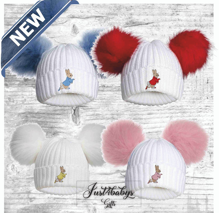 DOUBLE POM POM  PETER RABBIT  HATS 7 COLOURS r1