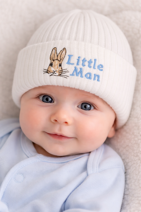 Peter Rabbit littleman  embroidered white hat beanie 0-3m des 2