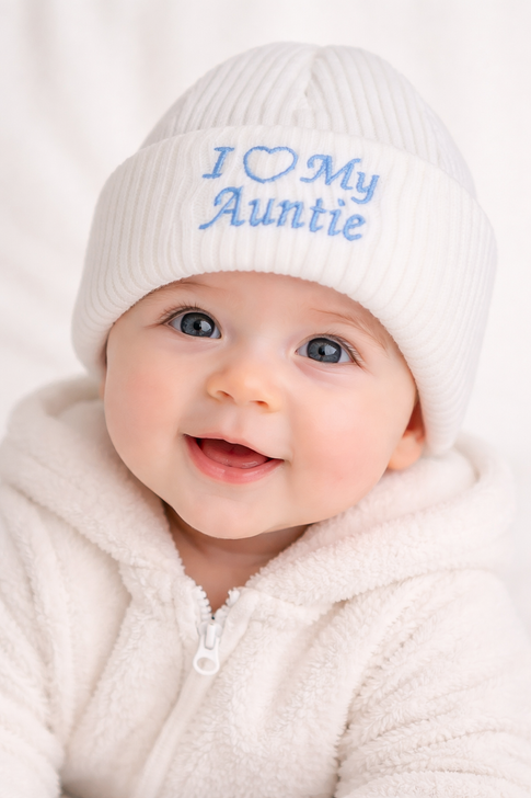 I love my  Auntie  boys girls embroidered white hat beanie 0-3m des 2