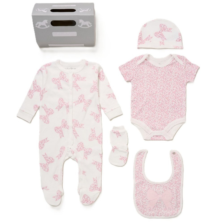 F10686NB: Baby Girls Bow Floral 6 Piece Mesh Bag Gift Set (NB-6 Months)