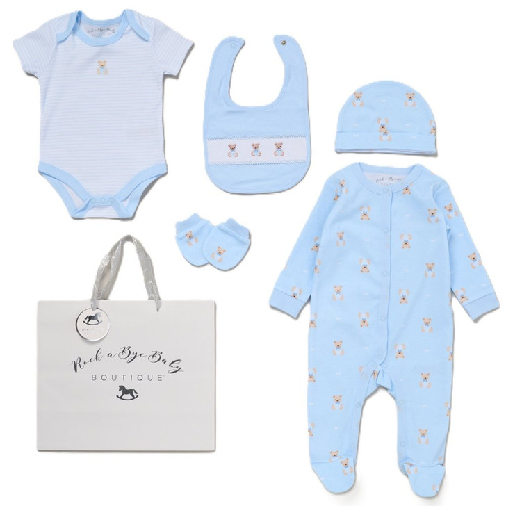 G12572NB: Baby Boys Bears 6 Piece Mesh Bag Gift Set (NB-6 Months)