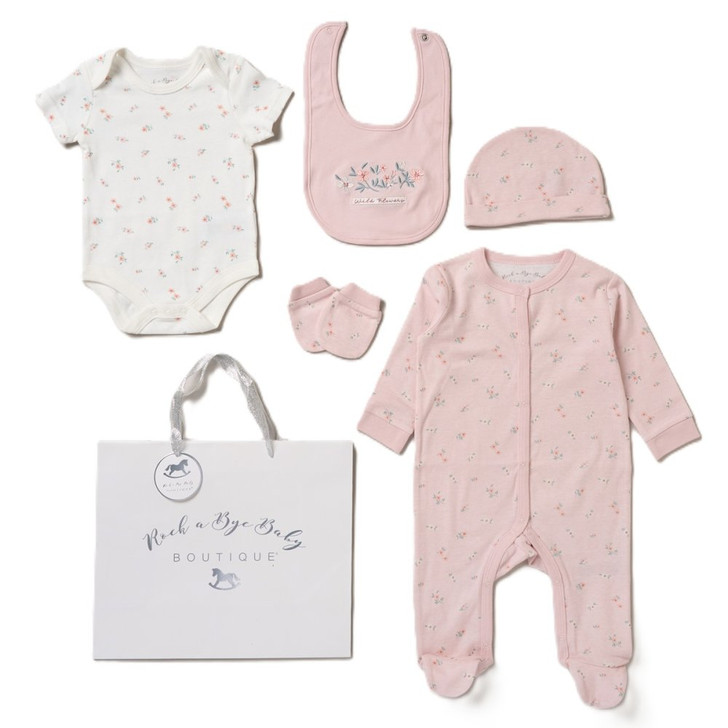 G12574NB: Baby Girls Wild Flower 6 Piece Mesh Bag Gift Set (NB-6 Months)