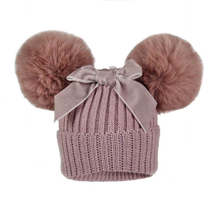 TM10-RO NEW BIG BOW  ROSEGOLD  DOUBLE POM POM SPANISH STYLE  HATS AGE 12-24M
