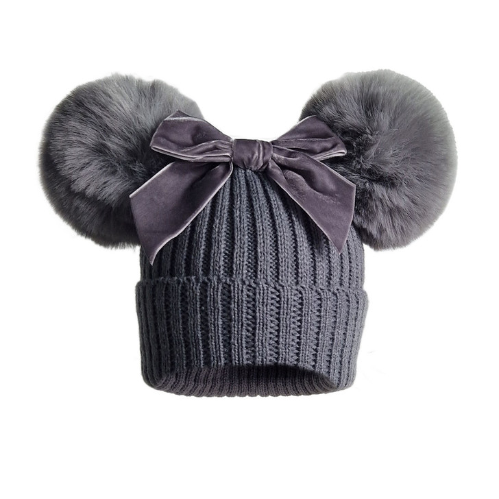 TM10-RO NEW BIG BOW  ROSEGOLD  DOUBLE POM POM SPANISH STYLE  HATS AGE 12-24M
