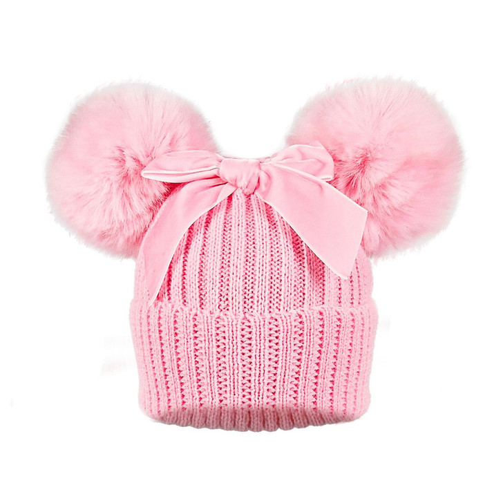 TM10-W NEW BIG BOW  WHITE  DOUBLE POM POM SPANISH STYLE  HATS AGE 12-24M