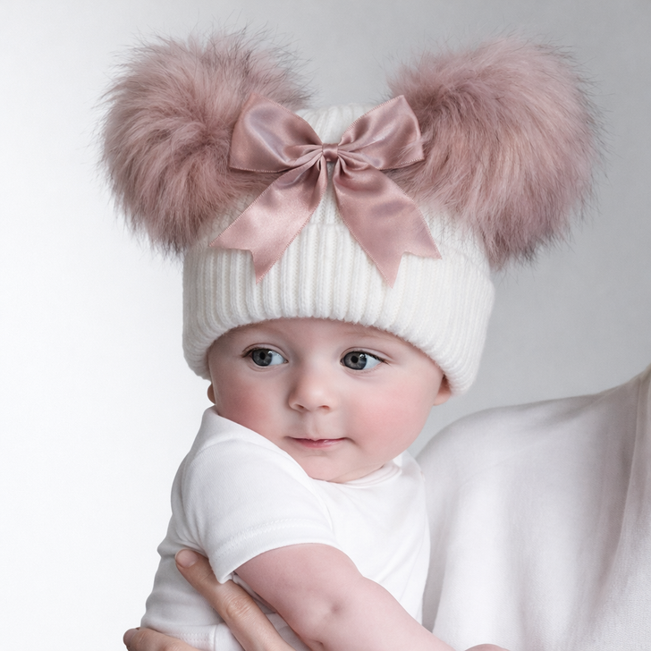 TM15-RO Rosegold  Ribbed Hat w/Faux Fur Pom Poms GIANT BOW & Turnover 12-24M