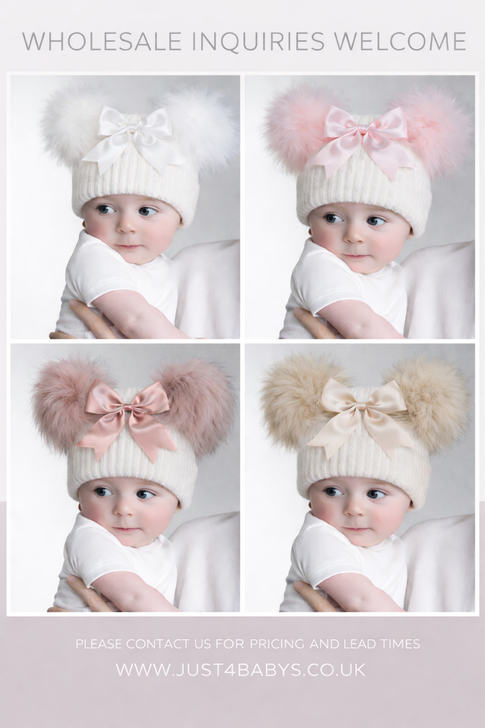 TM15-RO ROSEGOLD  Ribbed Hat w/Faux Fur Pom Poms GIANT BOW & Turnover 2-5yrs