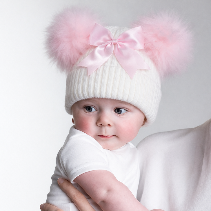 TM15-PETER RABBIT 4 COLOURS  Ribbed Hat w/Faux Fur Pom Poms GIANT BOW & Turnover 2-5yrs