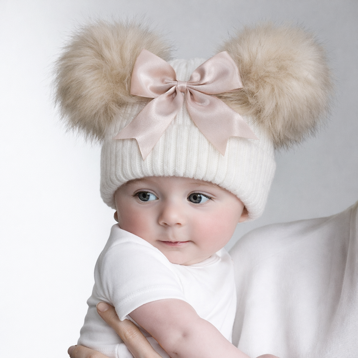 TM15-PETER RABBIT 4 COLOURS  Ribbed Hat w/Faux Fur Pom Poms GIANT BOW & Turnover 2-5yrs