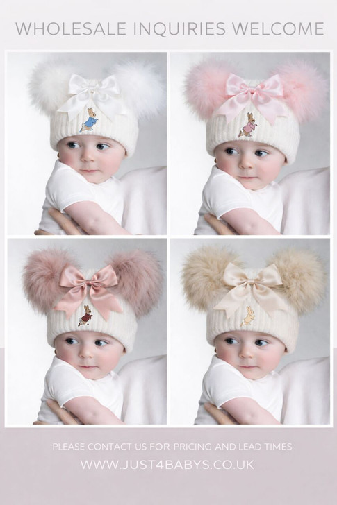 TM15-PR  PETER RABBIT  4 COLOURS Ribbed Hat w/Faux Fur Pom Poms GIANT BOW & Turnover 12-24M