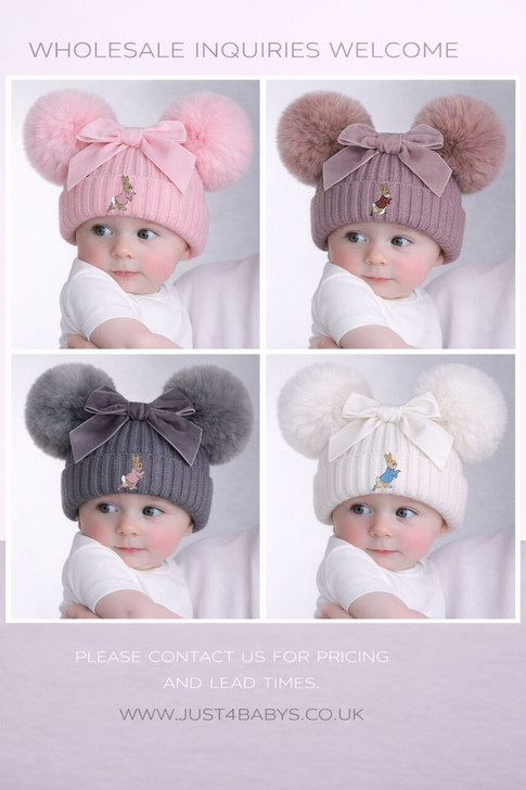 TM10-PR ETER RABBIT  BIG VELVET BOW  DOUBLE POM POM SPANISH STYLE  HATS AGE 2-5YRS