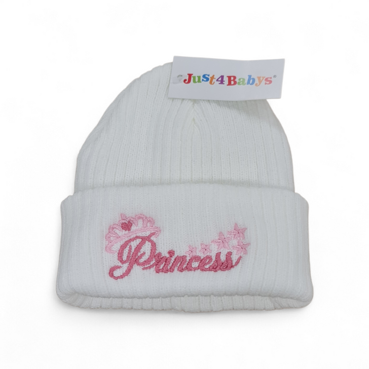 J4BLP5 PRINCESS   boys girls embroidered white hat beanie 0-3m des 2
