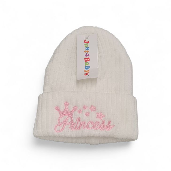 Copy of J4BLP6 PRINCESS   boys girls embroidered white hat beanie 0-3m des 2