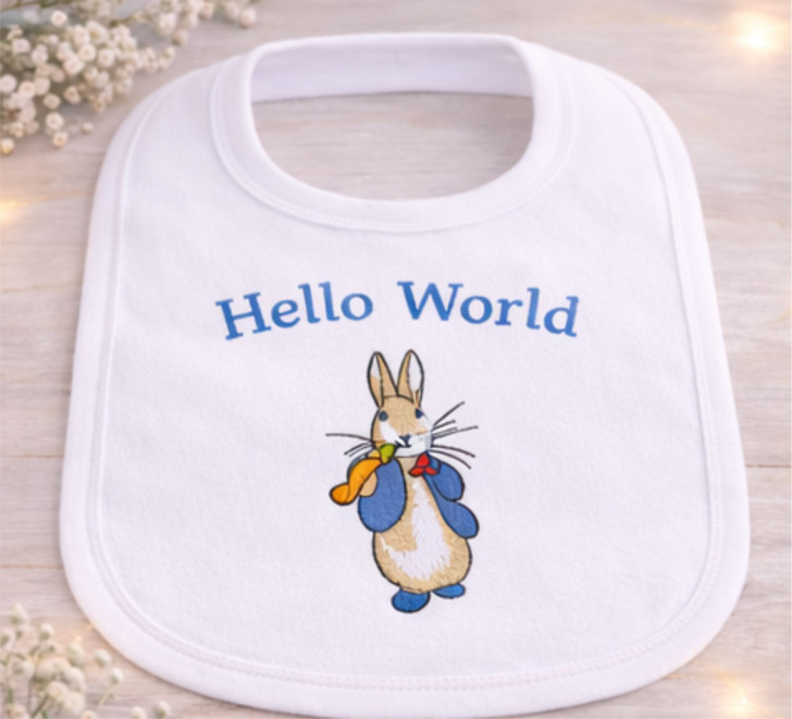 PETER RABBIT hello world  White Baby Bib