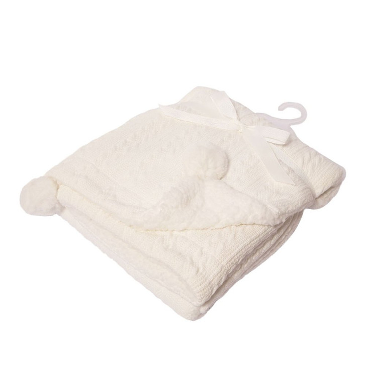 FBP188-W WHITE Cable Knit Wrap w/Pom Pom