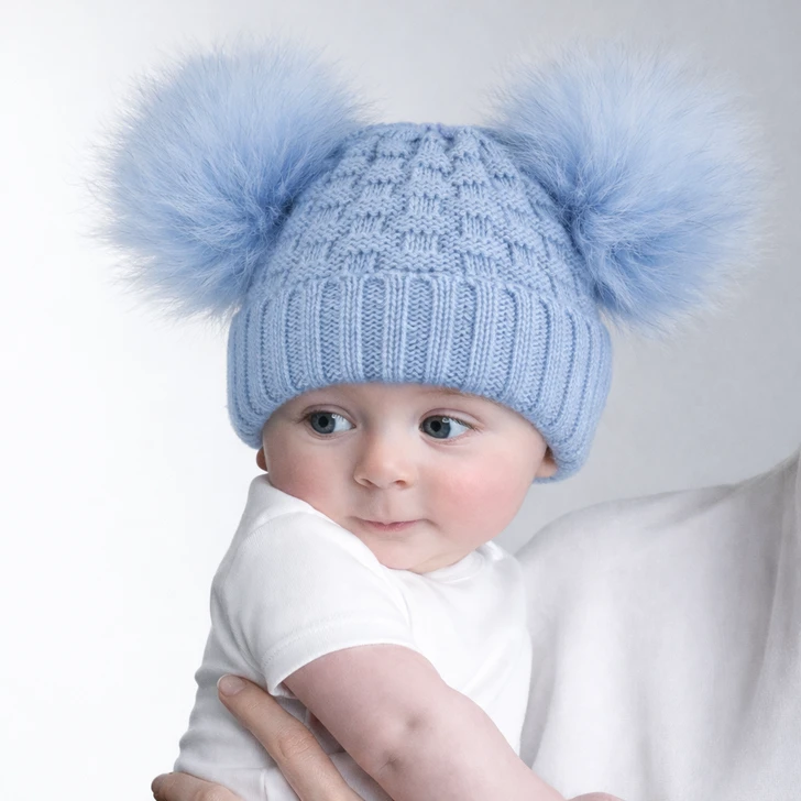 H670-BB: Baby Blue Checked Hat w/Pom Poms (0-12m)