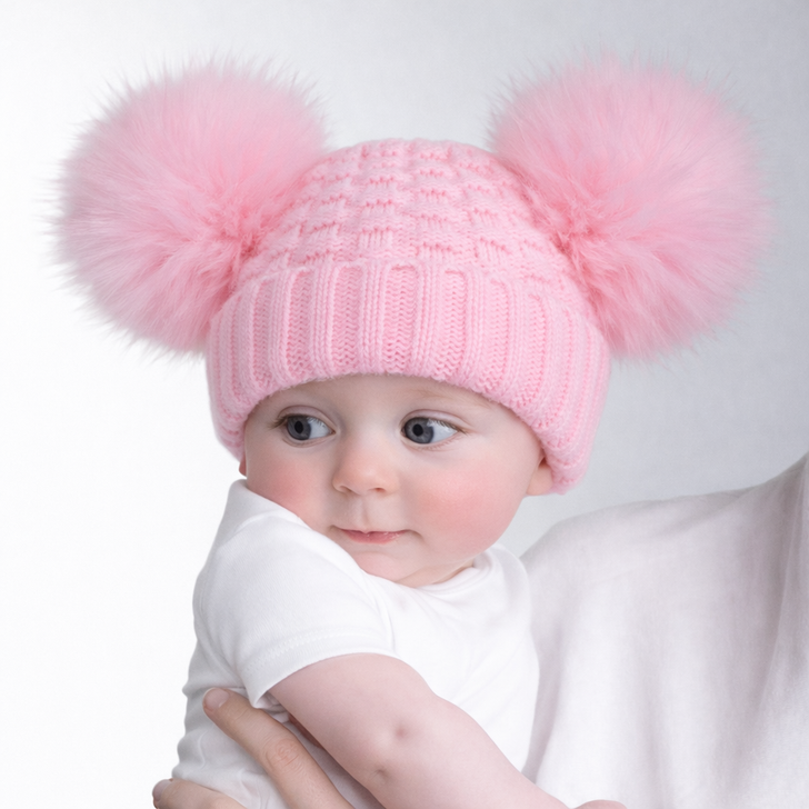 H670-BP: BabyPINK Checked Hat w/Pom Poms (0-12m)