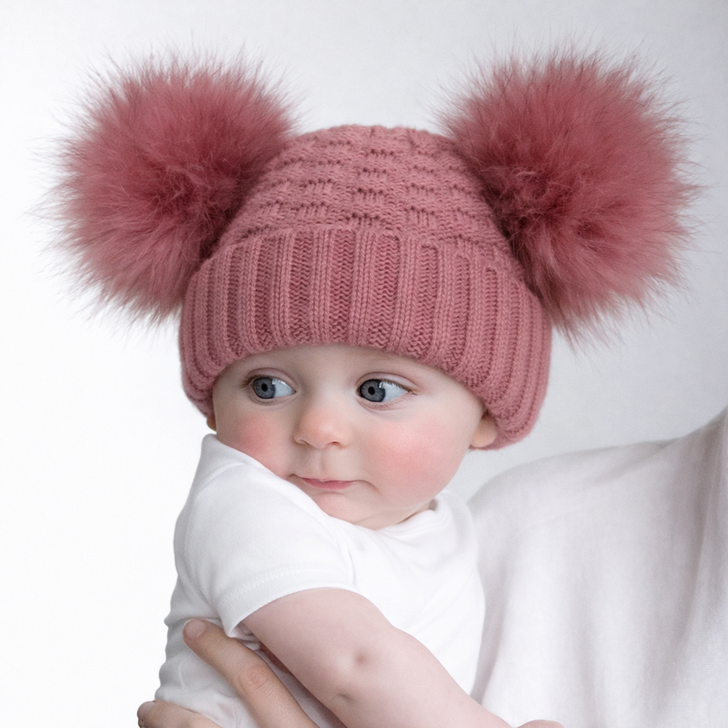 H670-DR:ROSEGOLD  Checked Hat w/Pom Poms (0-12m)