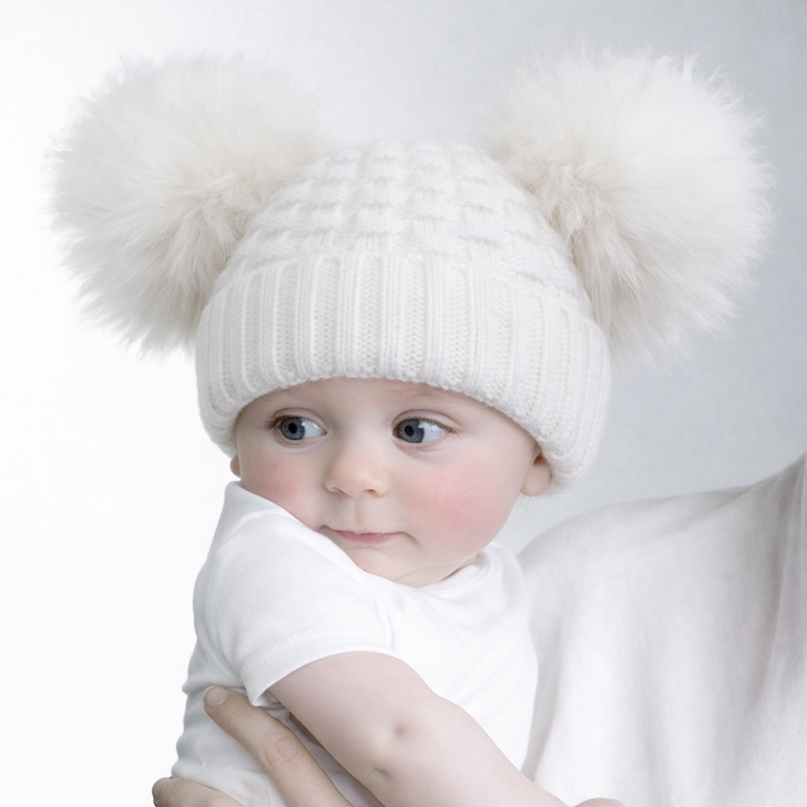 H672-W:WHITE  Checked Hat w/Pom Poms 12-24M