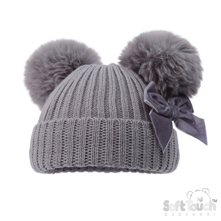H678-G GREY Hat w/Pom Poms & Velvet Bow (0-12M)