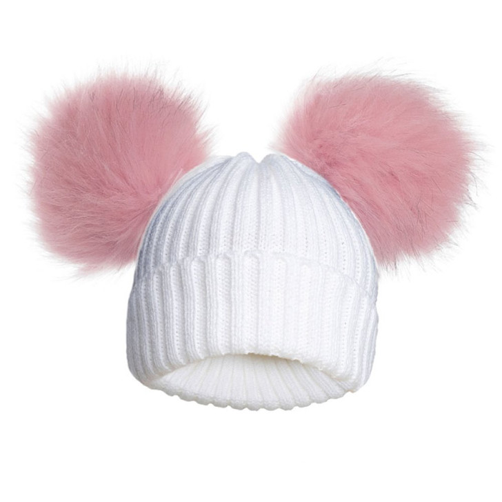 H688-P: PINK Ribbed Hat w/Pom Poms (0-12M)