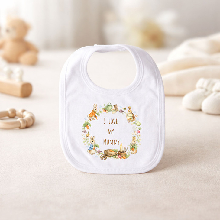 peter rabbit i love my mummy daddy wreath design etc any name   White Baby Bib