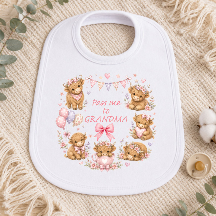 Pass me to Grandma  highland cow design Baby Bib