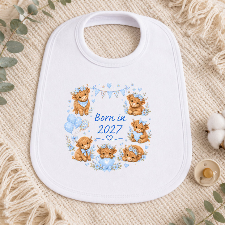 BORN IN 2027  highland cow BLUE  design Baby Bib
