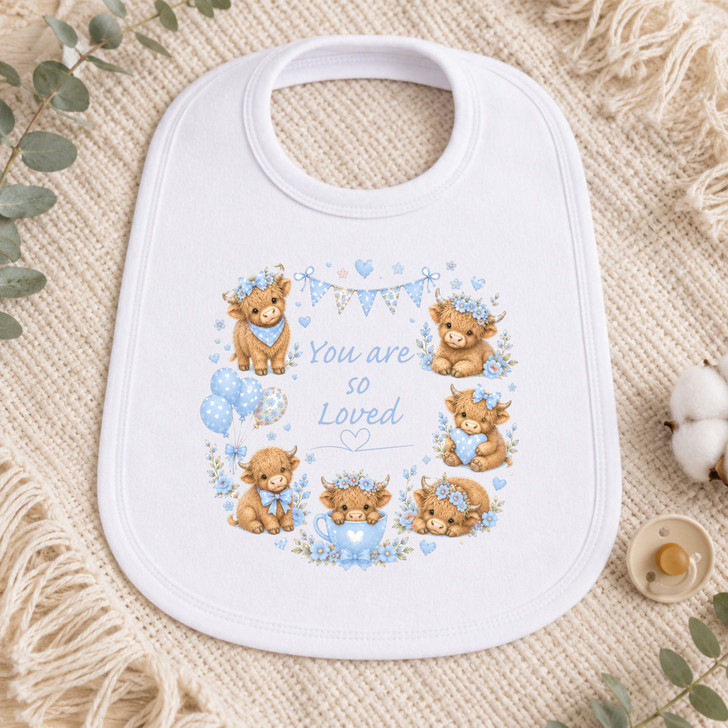 Your so Loved highland cow BLUE  design Baby Bib