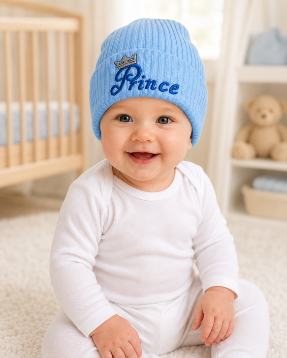 Baby Embroidered Prince Knitted Hat blue NB RIBBED TURN UP HAT j4bPW