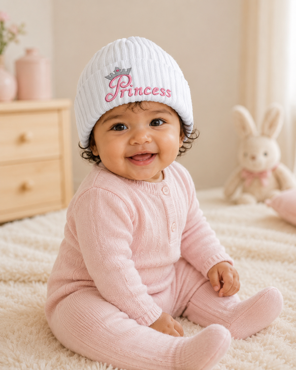 Baby Embroidered Princess Knitted white NB Hat RIBBED TURN UP HAT j4bPRW