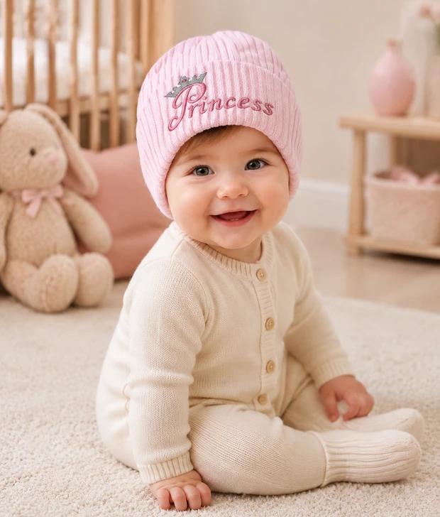 Baby Embroidered Princess Knitted PINK NB Hat RIBBED TURN UP HAT j4bPRW