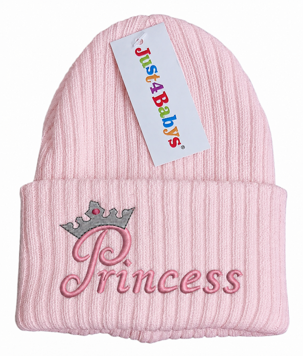 Baby Embroidered Princess Knitted PINK  Hat  0-3M RIBBED TURN UP HAT j4bPRW
