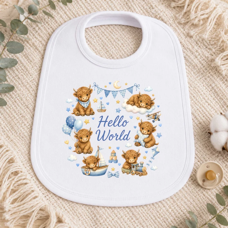 Hello World  highland cow blue boys  design Baby Bib