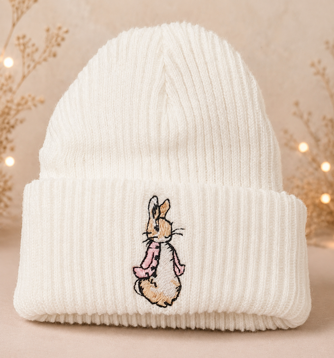 WHITE PINK RABBIT embroidered white hat beanie NB / 0-3m des 2