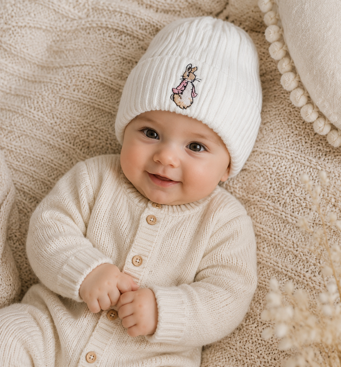 WHITE PINK RABBIT embroidered white hat beanie NB / 0-3m des 2