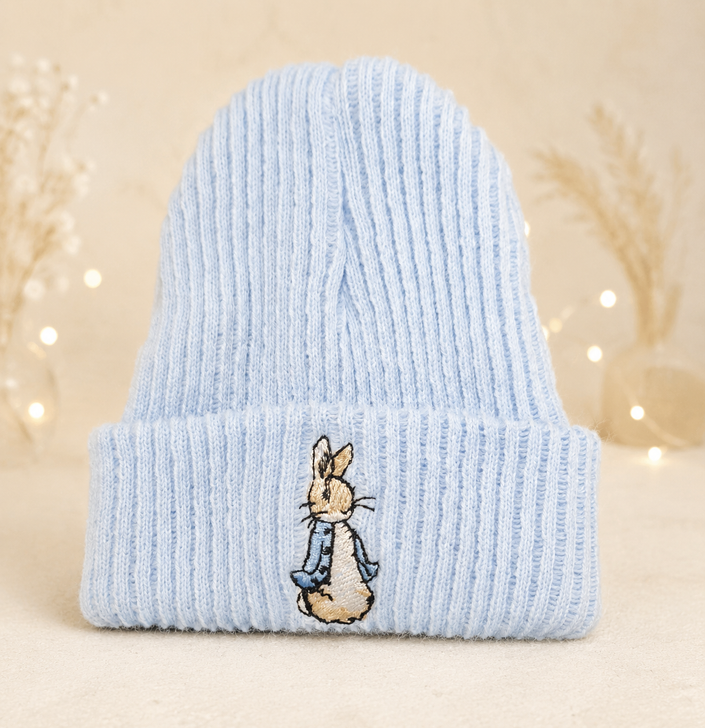 WHITE BLUE RABBIT embroidered white hat beanie NB / 0-3m des 2