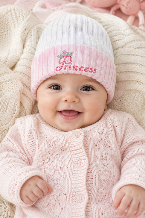 Baby Embroidered Princess Knitted 2 TONE PINK  Hat RIBBED TURN UP HAT j4bPRW