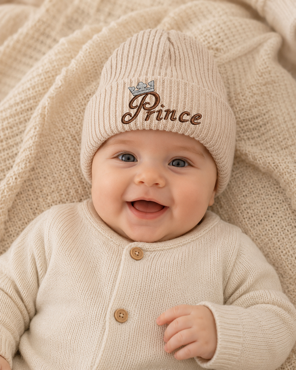 Baby Embroidered Prince  Beige  Hat RIBBED TURN UP HAT j4b01