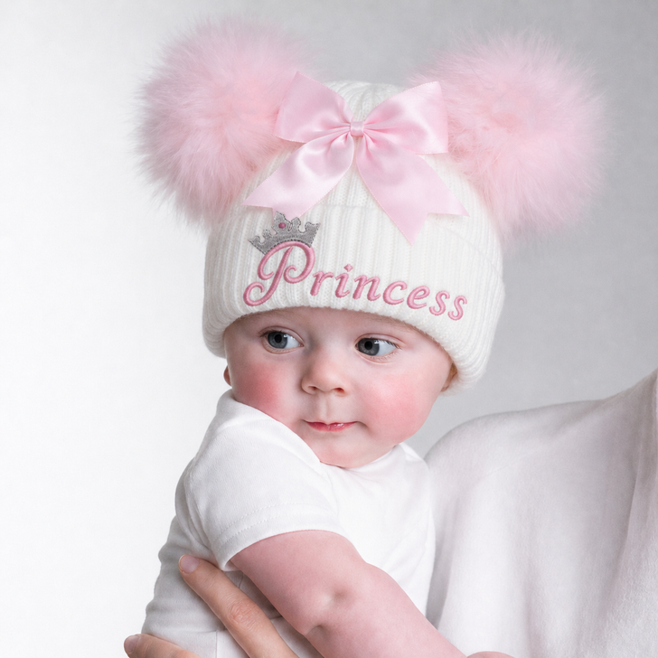 TM15 PRINCESS  WHITE/PINK  Ribbed Hat w/Faux Fur Pom Poms GIANT BOW & Turnover 12-24M