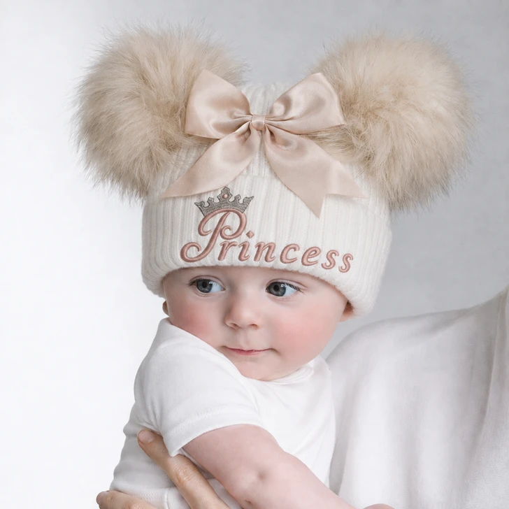 TM15 PRINCESS  WHITE/BEIGE  Ribbed Hat w/Faux Fur Pom Poms GIANT BOW & Turnover 12-24M