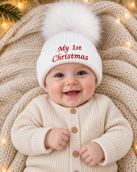 CT90 1st SIZE MY 1ST CHRISTMAS EMBROIDERED  SELF COLOUR RIBBED 1 FUR POM HAT
