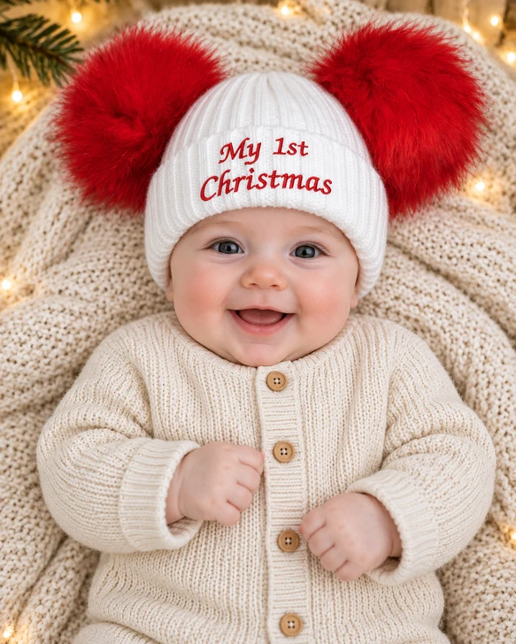 H688-R: RED  MY 1ST CHRISTMAS Ribbed Hat w/Pom Poms (0-12M)