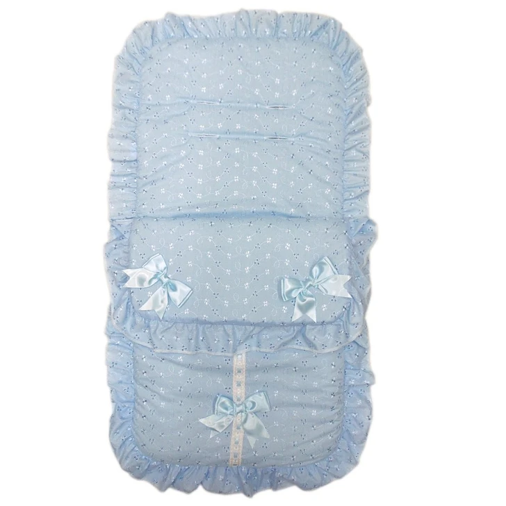 Luxury Baby Blue Broderie Cosytoes Footmuff with Satin Bows & Frill